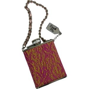 NWT Vintage Wild Eye Designs Floral Flask Pink Stainless Steel 3 Oz Chain Handle